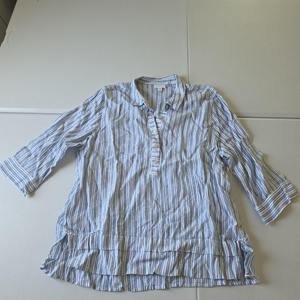 J.Jill Blouse Womens XL Petite Blue Striped Linen 3/4 Sleeve Ruffle Tunic Top